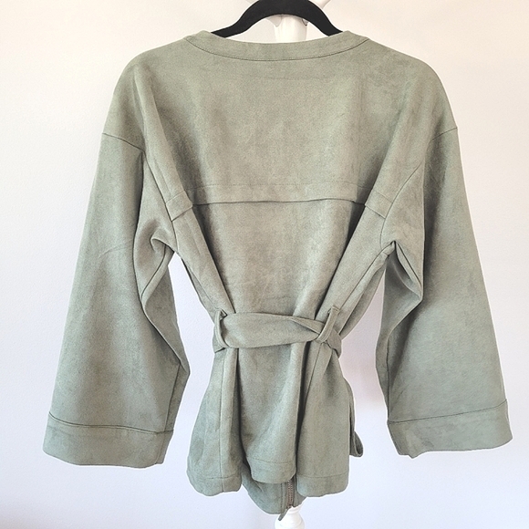 SUEDE Jade Green Wide Long Sleeve V Neck Waist Tie Jacket - Picture 3 of 10